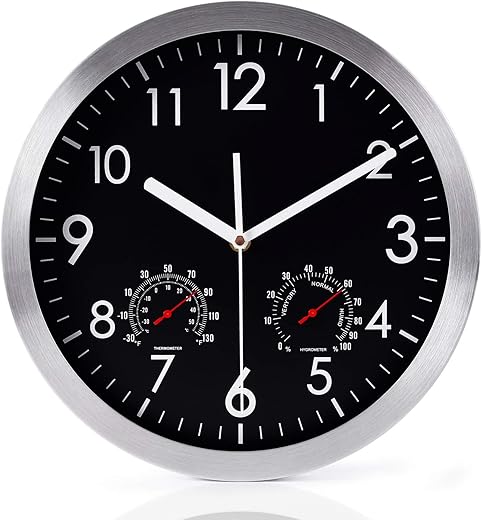 WOOPHEN 12 Inch Silent Non Ticking Wall Clock Sweep Movement Silver Aluminum Frame Glass Cover, for Office, Home, Bathroom, Kitchen, Bedroom, School, Living Room (Black)