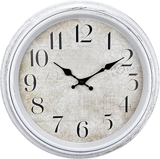 WOOPHEN Retro Wall Clock, Battery Operated 16" Extra Large Silent Non-Ticking Wall Clocks Vintage Rustic Style Decorative for Kitchen, Living Room, Bathroom, Bedroom(White)