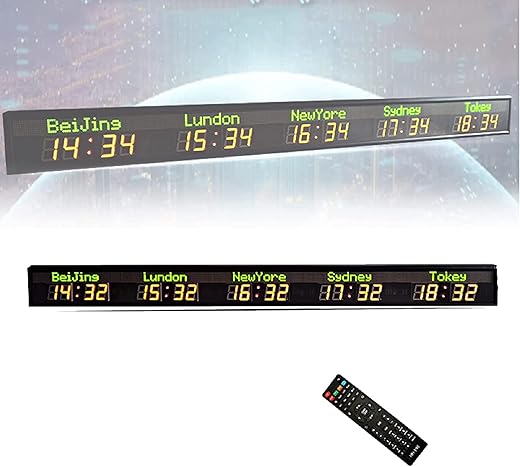 World Clock, 5 City Time Zone Red LED Digital World Time Wall Clock Indoor Full Color Multi Time Zone World Wall Clock for Office/Home/Living Room/School