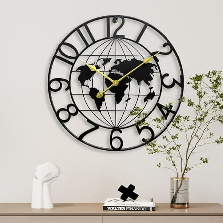 World Map Large Wall Clock for Living Room,Metal Decorative Wall Clock,Big Modern Round Silent Non-Ticking Battery Operated Wall Clocks,Kitchen Clock Home Decor (24 in)