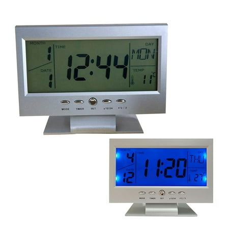 World Time Creative Large Screen Modern Digital Alarm Clock LCD LED Backlight Snooze Large Digit Desk (Silver)