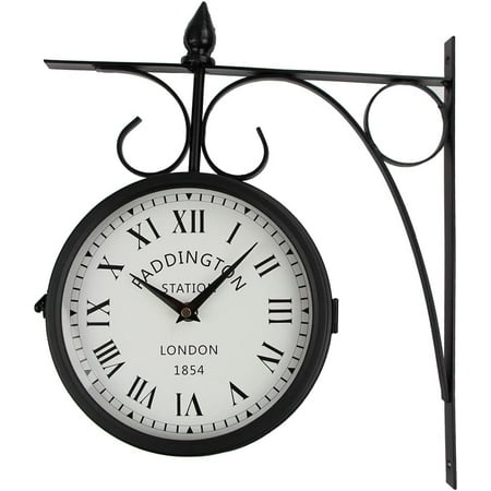 Wrought Iron Antique-Look Brown Round Wall Hanging Double Sided Two Faces Retro Station Clock Round Chandelier Wall Hanging Clock with Scroll Wall Side Mount Home Décor Wall Clock (Black+White)