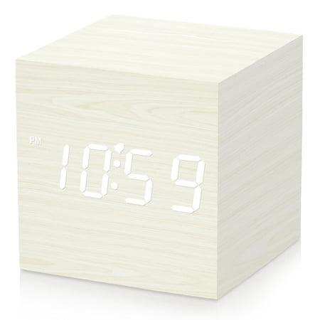 Wulawindy White Digital Alarm Clock Wooden LED Light Multifunctional Modern Cube