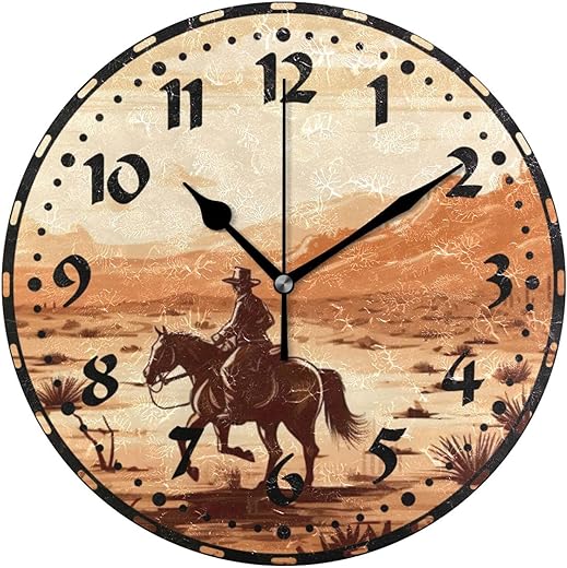 xigua Vintage Western Cowboy Wall Clock, Silent Non Ticking 10 Inch Battery Operated Wall Clocks, Easy to Read Clock for Home Kitchen Living Room Bathroom Office Decor