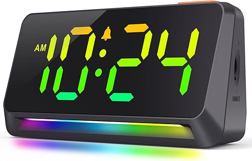 XKX Dynamic RGB Clock - Extra Loud Digital Alarm Clock for Bedroom, Heavy Sleepers, Adults, Kids, Small Bedside Desk Clock with RGB Night Light, LED Display, USB Charger - Cool Black