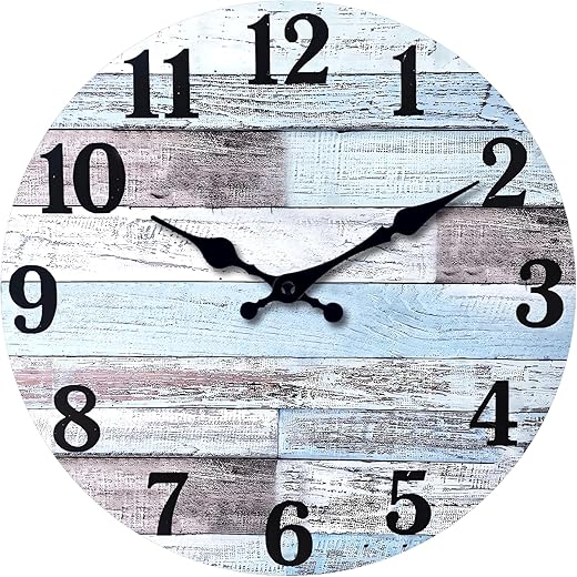 XNM Blue MDF Wood Wall Clock for Living Room - Farmhouse Wall Clocks Battery Operated 12 Inch - Analog Rustic Wall Clock Silent (No Solid Wood)