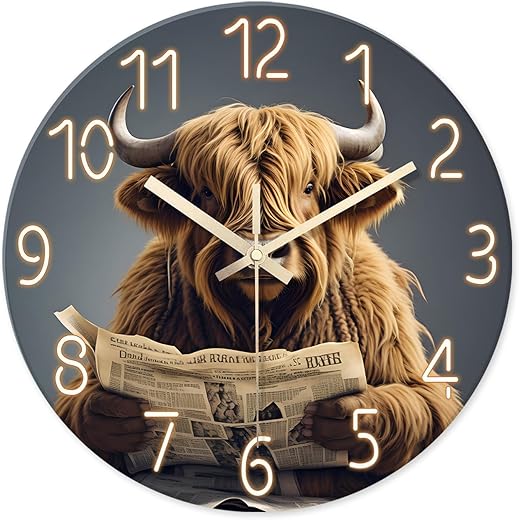 XNM Funny Highland Cow Wall Clock for Bathroom - Brown Rustic Glass Wall Clocks Battery Operated 12 Inch - Western Farmhouse Wall Clock Silent Non-Ticking