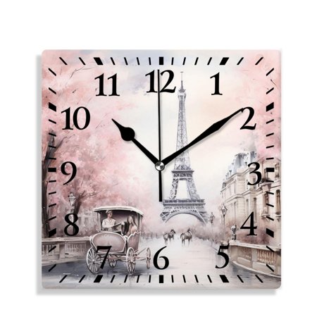 XNSJVGB 10 inch Square Wall Clock,Paris Eiffel Tower France Oil Painting Artwork Art,Silent Non Ticking Wall Clocks for Living Room Kitchen Bedroom