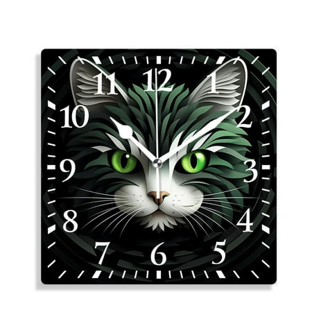 XNSJVGB 12 inch Square Wall Clock,Black Cat with Green Eyes Elegant,Silent Non Ticking Wall Clocks for Living Room Kitchen Bedroom