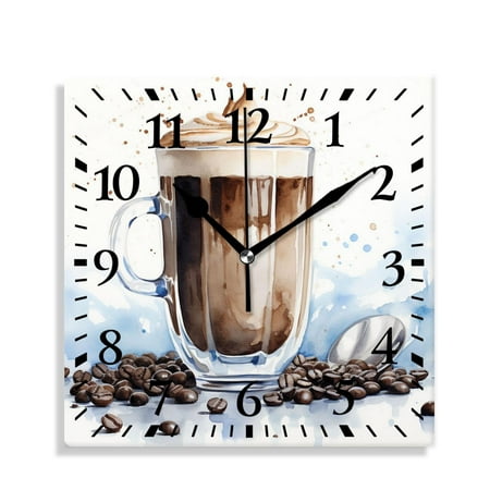 XNSJVGB 12 inch Square Wall Clock,Coffee Cup on Brown Background Picture,Silent Non Ticking Wall Clocks for Living Room Kitchen Bedroom