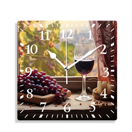 XNSJVGB 12 inch Square Wall Clock,Red Wine with Grapes and Vine Leaves Beautiful Drawing,Silent Non Ticking Wall Clocks for Living Room Kitchen Bedroom