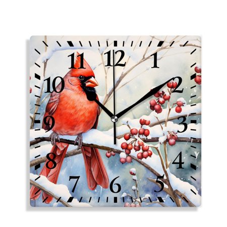 XNSJVGB 12 inch Square Wall Clock,Winter Birds Bird Watercolor Beautiful,Silent Non Ticking Wall Clocks for Living Room Kitchen Bedroom