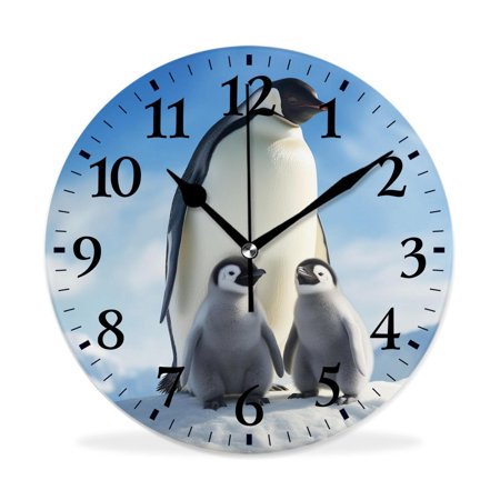 XNSJVGB Silent Non Ticking 10 inch Round Wall Clocks,Penguin Family Winter picture,Winter Birds Drawing,Decorative Clocks for Living Room Kitchen Bedroom