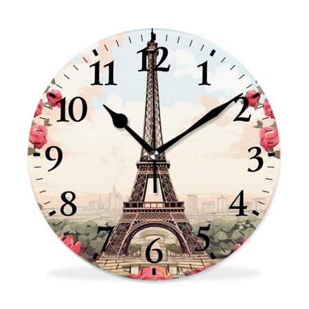 XNSJVGB Silent Non Ticking 10 inch Round Wall Clocks,Romantic Paris Eiffel Tower Rose Flowers art,Winter Birds Drawing,Decorative Clocks for Living Room Kitchen Bedroom