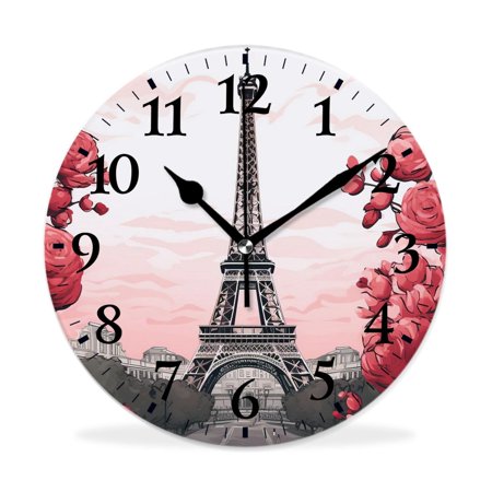 XNSJVGB Silent Non Ticking 10 inch Round Wall Clocks,Romantic Paris Eiffel Tower Rose Flowers image,Winter Birds Drawing,Decorative Clocks for Living Room Kitchen Bedroom