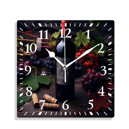 XNSJVGB Silent Non Ticking 10 inch square Wall Clocks,Red Wine with Grapes and Vine Leaves Lovely Painting,Decorative Clocks for Living Room Kitchen Bedroom