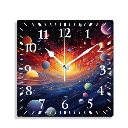 XNSJVGB Silent Non Ticking 10 inch square Wall Clocks,Solar System Planets Orbits Style,Decorative Clocks for Living Room Kitchen Bedroom