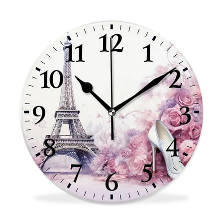 XNSJVGB Silent Non Ticking 12 inch Round Wall Clocks,Paris Eiffel Tower France Butterfly High Shoes Exquisite,Winter Birds Drawing,Decorative Clocks for Living Room Kitchen Bedroom