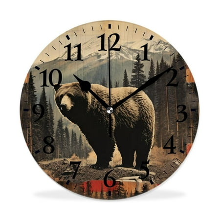 XNSJVGB Silent Non Ticking 12 inch Round Wall Clocks,Rustic Lodge Bear Moose Deer Exquisite,Winter Birds Drawing,Decorative Clocks for Living Room Kitchen Bedroom