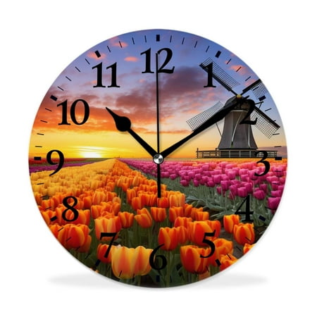 XNSJVGB Silent Non Ticking 12 inch Round Wall Clocks,Traditional Dutch Tulips painting,Winter Birds Drawing,Decorative Clocks for Living Room Kitchen Bedroom