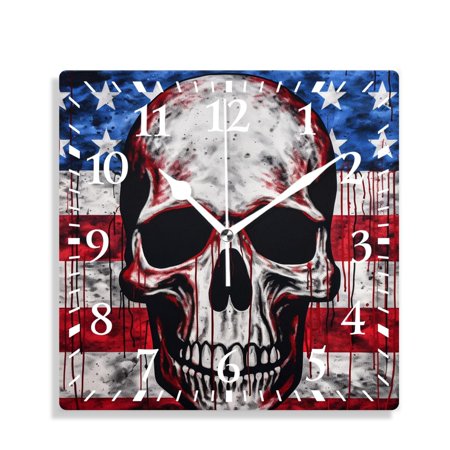 XNSJVGB Silent Non Ticking 12 inch square Wall Clocks,American Flag Paint Splash Skull Day of The Dead Usa Design Elegant,Decorative Clocks for Living Room Kitchen Bedroom