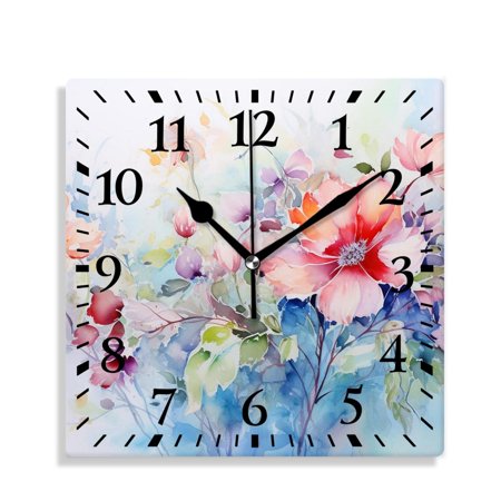 XNSJVGB Silent Non Ticking 12 inch square Wall Clocks,Flower Paint of Nature Elements Botanic Floral Motives Isan Style,Decorative Clocks for Living Room Kitchen Bedroom