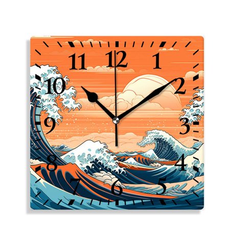 XNSJVGB Silent Non Ticking 12 inch square Wall Clocks,Illustration of Stormy Ocean with Big Waves Cute Art,Decorative Clocks for Living Room Kitchen Bedroom