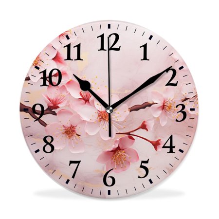 XNSJVGB Silent Non Ticking 16 inch Round Wall Clocks,Pink Cherry Blossom Elegant,Winter Birds Drawing,Decorative Clocks for Living Room Kitchen Bedroom