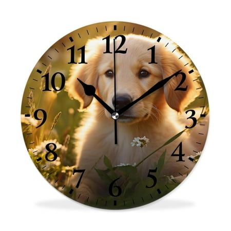 XNSJVGB Silent Non Ticking 16 inch Round Wall Clocks,Yellow Labrador Puppy Playing print,Winter Birds Drawing,Decorative Clocks for Living Room Kitchen Bedroom