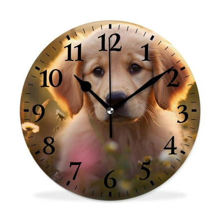 XNSJVGB Silent Non Ticking 16 inch Round Wall Clocks,Yellow Labrador Puppy Playing colorful,Winter Birds Drawing,Decorative Clocks for Living Room Kitchen Bedroom