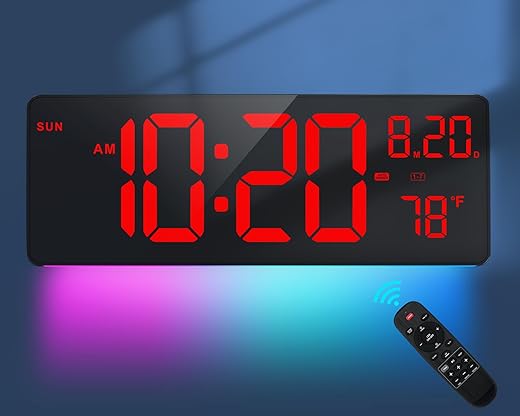 XREXS 16.5 Digital Clock Large Display with Remote Control 7 Color Changes Night Lights LED Wall Clock, Adjustable Dimmer, Temperature Clock for Bedroom, Desk Alarm Clock for Teens Elderly