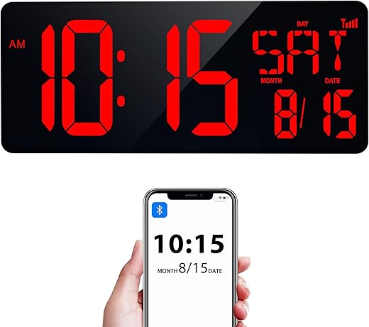 XREXS 17.2 Large Digital Wall Clock Bluetooth Sync Time, Precise Atomic Clocks with Remote Control, Adjustable Dimmer Grandfather Clock, Temperature Clock for Bedroom, Desk Alarm Clock for Teens