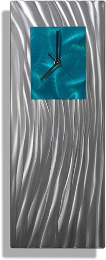 Statements2000 Unique Hand-Crafted Abstract Silver and Teal Metal Wall Clock - Modern Contemporary Functional Home Decor Art Sculpture - Ocean Energy by Jon Allen -24-inch