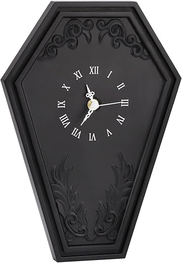 Yakucho Coffin Shape Wall Clock - Gothic Theme Decor Wall Art Decorations - Creepy Movie Plaque,Steampunk Baroque Black Resin,Dark Aesthetics Gifts for All Goth (AA Battery NOT Included)