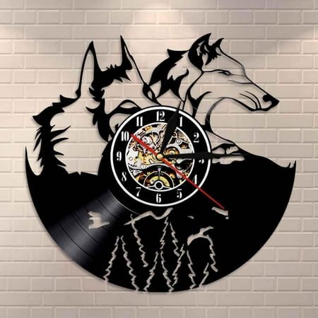 YanGxx A Pair of Wolf Head Wall Clock Forest Wolf Portrait Vinyl Record Clock Amazing Wolf Totem Wall Art Home Decor Wolf Admirers Gift