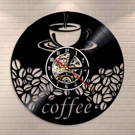 YanGxx Coffee Bar Home Decor Coffee Bean Wall Art Hot Drink Steam Coffee Wall Clock Cafe Kitchen Vinyl Record Decorative Wall Clock