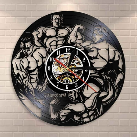 YanGxx Fitness Gym Silent Quartz Wall Clock Fitness Bodybuild Vinyl Record Wall Clock Watch Sport Room Wall Decor Sign Sportsman Gift