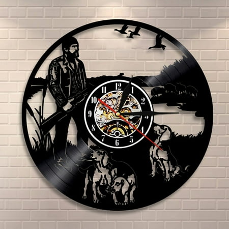 YanGxx Hunter Rifle Dog Nature Ducks Wall Art Pheasant Hunting Shot Hobby Vinyl Record Wall Clock Home Decor Handmade Art Gift Hunters