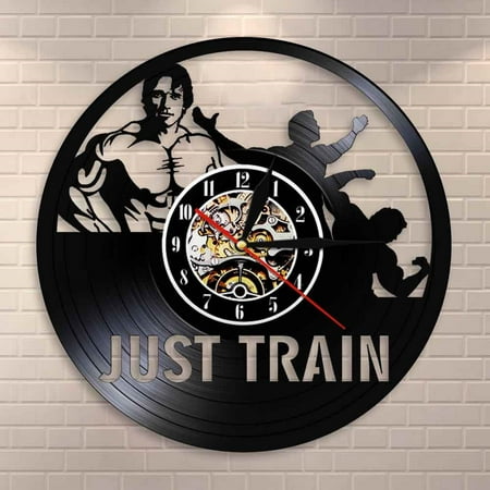 YanGxx Just Train Wall Art GYM Wall Clock Muscle Man Weighting Vinyl Record Wall Clock Fitness Center Decorative Clock