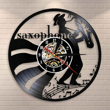 YanGxx Musicians Jazz Music Wall Art Vinyl Record Wall Clock Horn Classical Saxophone Music Instruments Wall Clock Jazz Player Gift