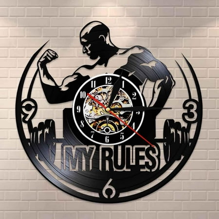 YanGxx My Rule Motivational Quote Wall Art GYM Wall Clock Muscle Man Weighting Vinyl Record Wall Clock Fitness Center Decorative Clock