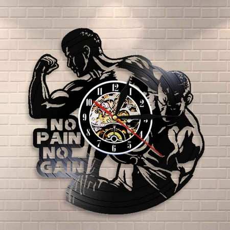 YanGxx No Pain No Gain Workout Quote Garage GYM Wall Decor Bodybuilding Wall Clock Bodybuilders Vinyl Record Wall Clock Fitness Gift