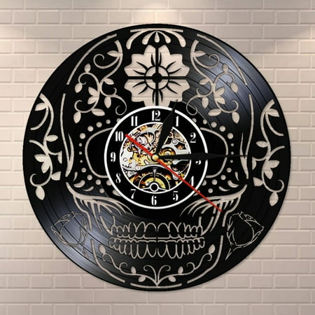 YanGxx The Day of the Dead Vinyl Record Wall Clock Hand Carved Skull Día de los Muertos Decorative Clock Quartz Movement Silent Clock