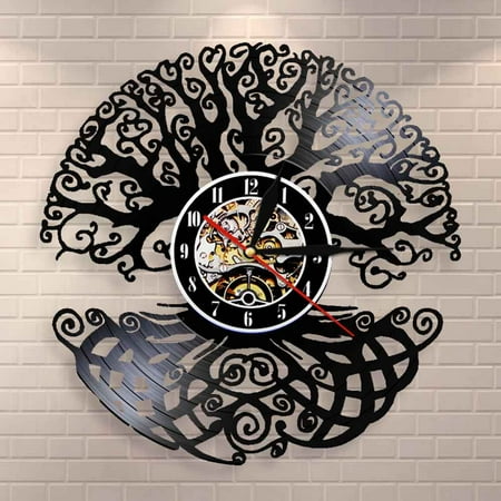 YanGxx Tree of Life Wall Art Wall Clock Sacred Tree Vintage Vinyl Record Longplay Clock Green Life 3D Silhouette Shadow Wall Clock