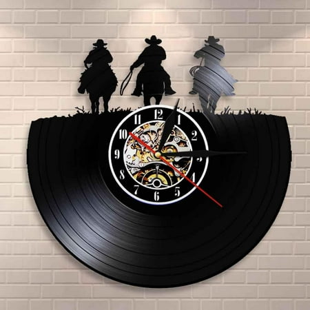 YanGxx Wild West Horse all Decor Three Cowboys Western Wall Art Clock Vinyl Record Wall Clock Horse Rodeo Texas Boots Farmers Gifts