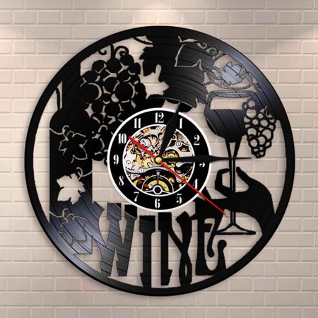 YanGxx Wine Logo Wall Clock Winery Bottle Glass Grape Vine Drink Drinking Alcohol Liquor Pub Bar Label Emblem Vinyl Record Wall Clock