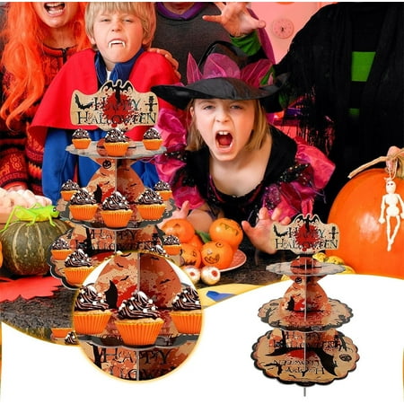 YEHGEQ Event Party,Halloween Decorative Dessert Table Display Stand with Bat Pattern Disposable Party Supplies Paper Multi Layer Cake Stand