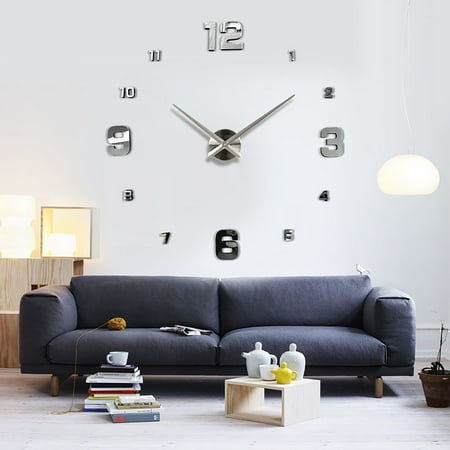 YEHGEQ wall clocks battery operated,DIY Large Number Wall Clock 3D Sticker Modern Home Office Decor Art Decal Silver