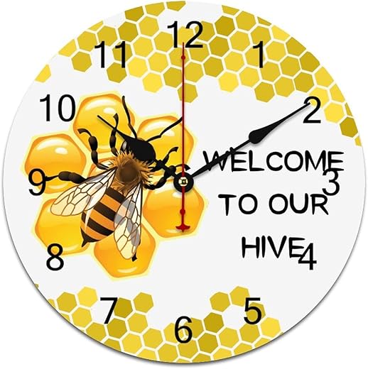 Yellow Bees and Honey Wall Clock Battery Operated Non Ticking Silent Quartz Analog Rustic Farmhouse Round PVC Clock Retro Decor for Home Kitchen Living Room Bathroom 12 Inch