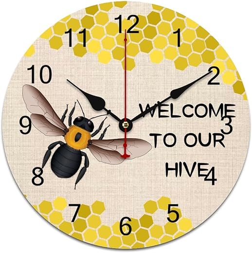 Yellow Bees and Honey Wall Clock Battery Operated Non Ticking Silent Quartz Analog Rustic Farmhouse Round PVC Clock Retro Decor for Home Kitchen Living Room Bathroom 12 Inch